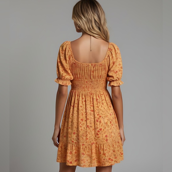 Ditsy Floral Print Knot Front Puff Sleeve Dress - Picture 4 of 6